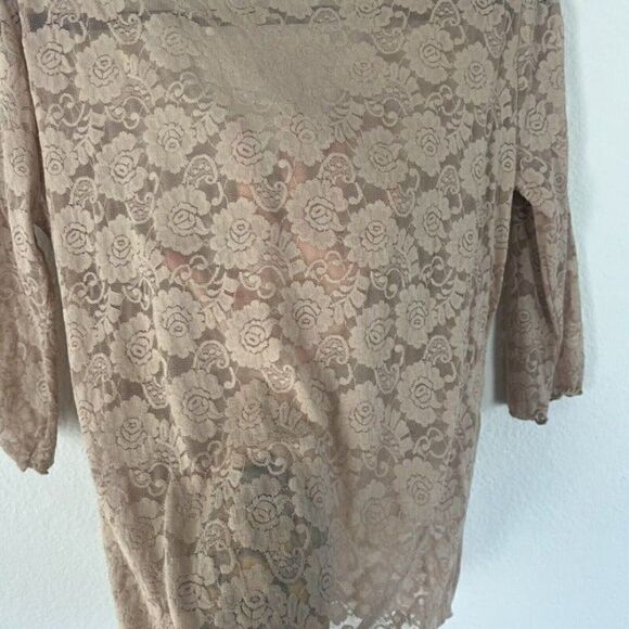 Bettie Page Retro Pin-up Nude Beige Floral Lace Blouse Sheer Back Top Large - Picture 8 of 11